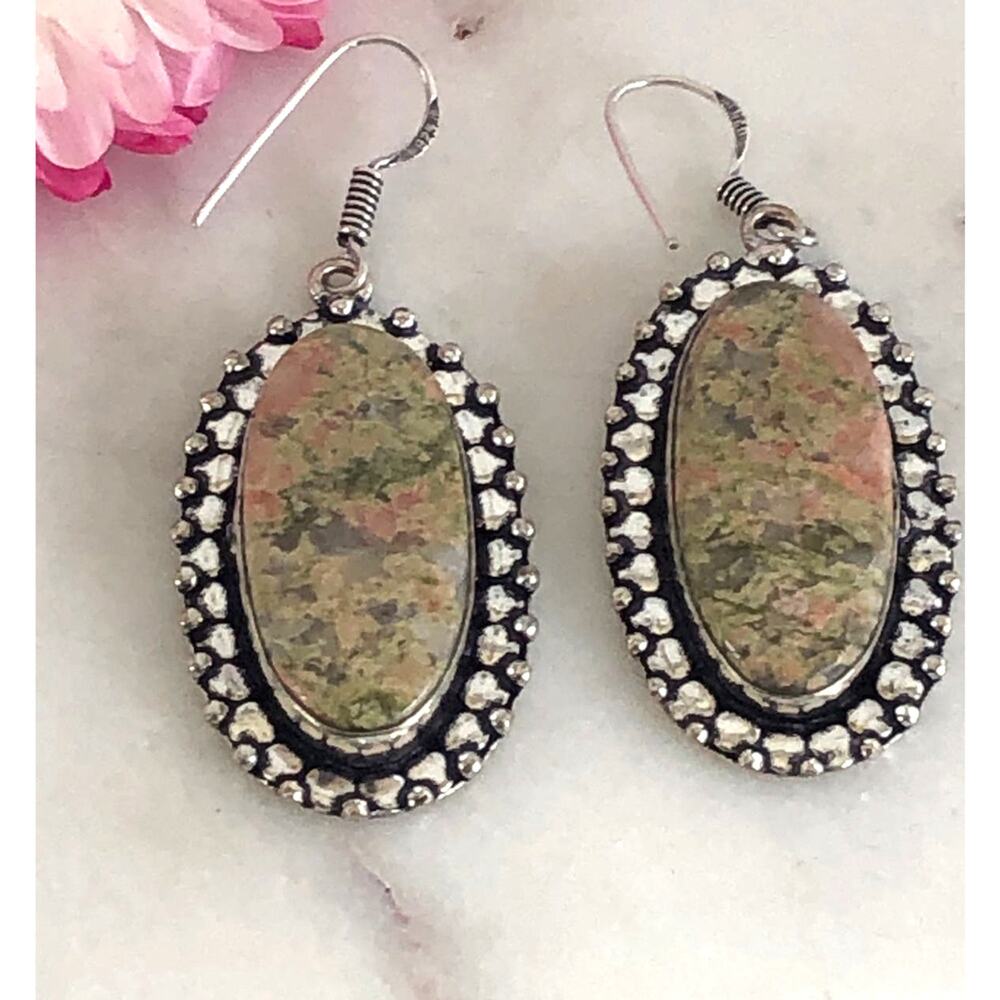 925 Sterling Unakite Dangle Earrings - Picture 2 of 5